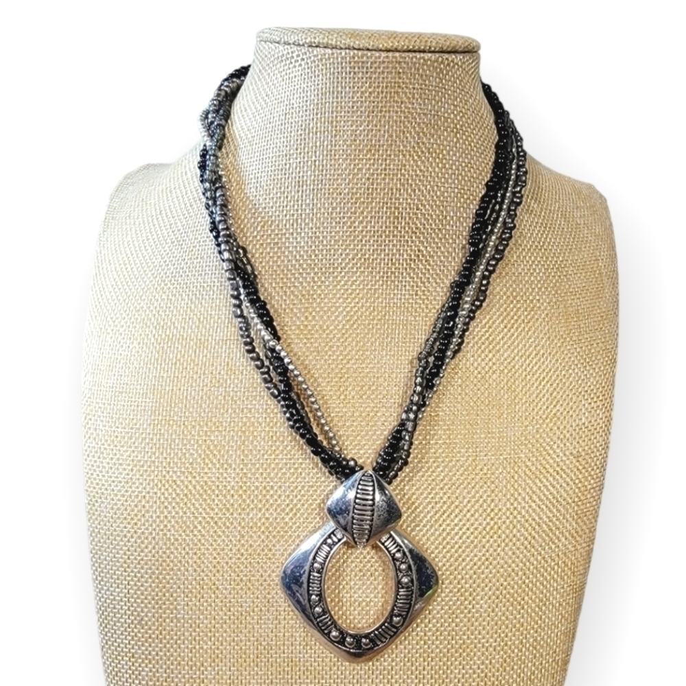 Multi strand statement neck metal pendant seed beads black silver